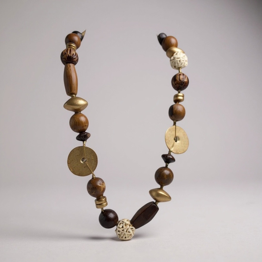 NWOT Handmade Wood Beaded and Other Materials 32" Long Necklace